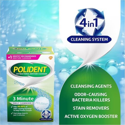 Polident 3 Minute Triple Mint Antibacterial Denture Cleanser Effervescent Tablets, 3x84 count in Kuwait