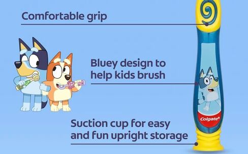 Colgate Bluey Toothbrush for Children with Suction Cup, Kids 2-5 Years Old, Extra Soft (Colors & Characters Very) - Pack of 2 in Saudi Arabia