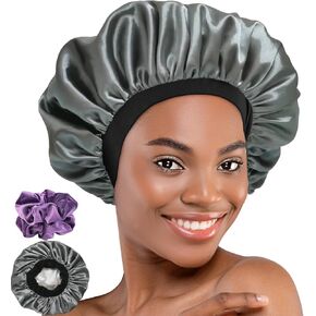 Silk Satin Bonnet, Hair Wrap Adjustable Sleep Cap with 2 Pieces of Scrunchies for Women Men Double Layer Lined Bonnets for Curly Braid Hair (Black)