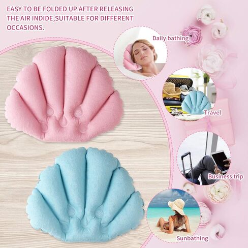 سانسينغ وسادة حمام قابلة للنفخ، وسائد حمام لحوض الاستحمام - (10 × 12 انش) مسند راس - قماش تيري مع اكواب شفط لدعم الرقبة لحوض الاستحمام (زهري وازرق) عبوة من قطعتين in Kuwait