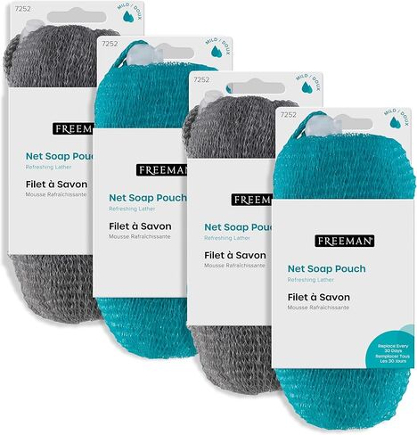 Freeman Net Soap Pouch, Exfoliating Mesh Body Scrubber, Bath & Shower Pouf Removes Dead Skin, Dirt, & Impurities, for Soap Bars, Mild Exfoliation, Self-Tan Prep, 4 Count in Saudi Arabia