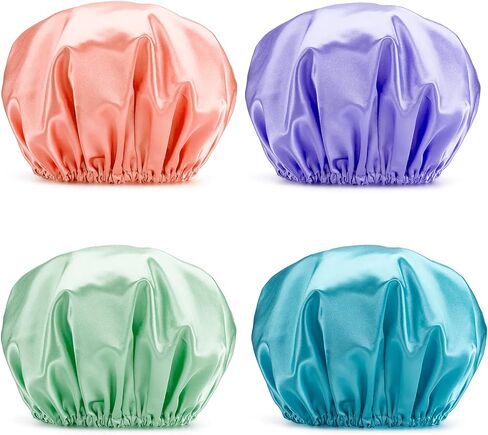 AmazerBath Shower Caps for Women, 4 PCS Waterproof Bath Caps, Elastic and Reusable Shower Hair Cap, Double Layers Hair Cap, Environmental Protection Bathing Caps in Kuwait