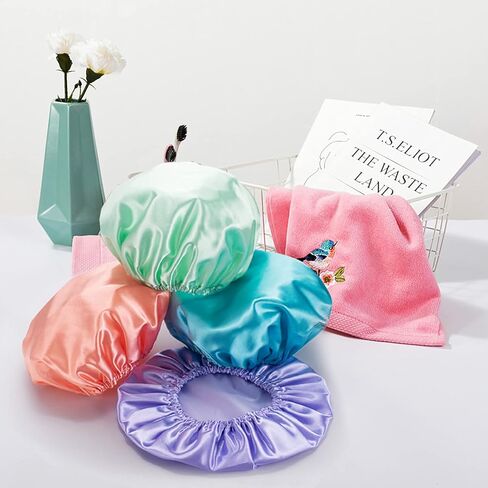 AmazerBath Shower Caps for Women, 4 PCS Waterproof Bath Caps, Elastic and Reusable Shower Hair Cap, Double Layers Hair Cap, Environmental Protection Bathing Caps in Kuwait