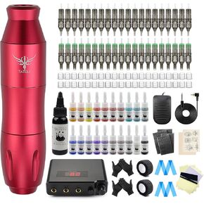TATELF Tattoo kit Professional Complete Tattoo Machine Gun Set Rotary Tattoo Machine Pen Power Supply Foot Pedal 40pcs Cartridge needles 21 Colors ink for Beginners Tattoo Artists(Red)