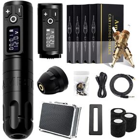 Ambition Soldier Wireless Tattoo Machine Kit Complete Rotary Coreless Motor Tattoo Pen Kit with Extra 2400mAh Battery 80pcs Glory Mixed Size Cartridge Needles Supply for Tattoo Artist (Polish Black) in Saudi Arabia