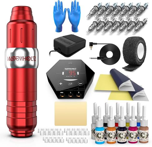 Wormhole Tattoo Kit, Rotary Tattoo Pen for Beginner,Tattoo Machine Kit Professional Complete with Tattoo Cartridge Needles, Tattoo Supplies in Kuwait