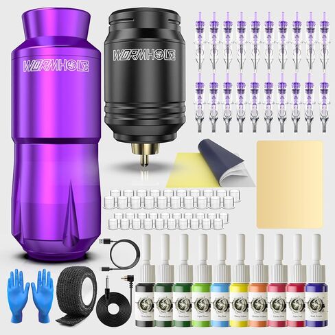 Wormhole Tattoo Kit,Wireless Tattoo Pen Kit, Cordless Tattoo Machine, Rotary Tattoo Pen for Beginner,Tattoo Machine Kit Professional Complete with Tattoo Cartridge Needles, Tattoo Supplies TK039 in Kuwait