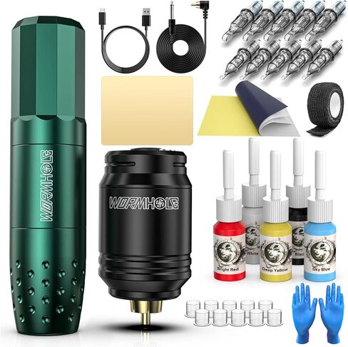 Wormhole Tattoo Kit,Wireless Tattoo Pen Kit, Cordless Tattoo Machine, Rotary Tattoo Pen for Beginner,Tattoo Machine Kit Professional Complete with Tattoo Cartridge Needles, Tattoo Supplies TK531 in Kuwait