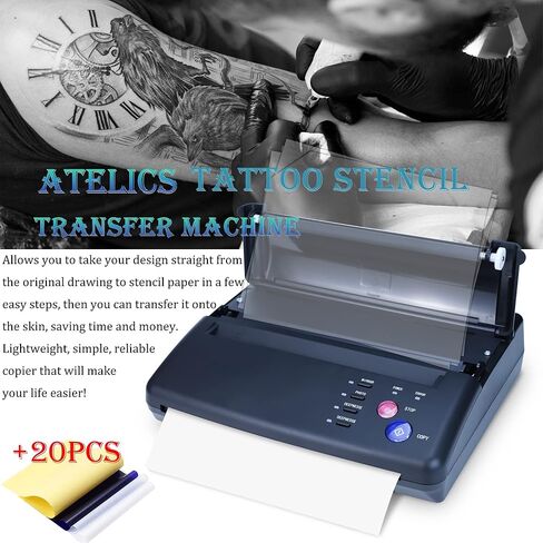 طابعة ناسخة حرارية لنقل الوشم من Atelics، مع 20 قطعة من ورق النقل، طابعة وشم استنسل للوشم المؤقت والدائم، إصدار تحديث أسود in Kuwait
