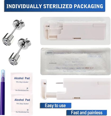 KAIQIKAIXI 2Pcs Ear Piercing Kit Automatic And Painless Ear Nail Gun Disposable Aseptic Household Ear Piercing Gun Portable Ear Piercing Gun Group Ear Piercing Tools (3mm, Golden) in Kuwait