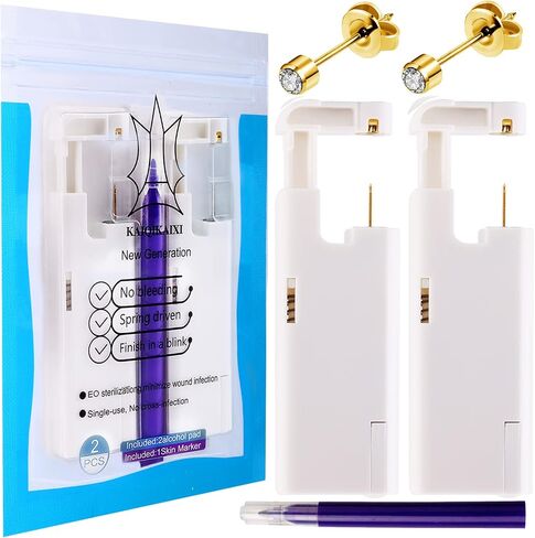 KAIQIKAIXI 2Pcs Ear Piercing Kit Automatic And Painless Ear Nail Gun Disposable Aseptic Household Ear Piercing Gun Portable Ear Piercing Gun Group Ear Piercing Tools (3mm, Golden) in Kuwait