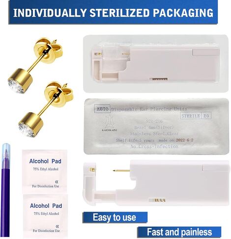 KAIQIKAIXI 2Pcs Ear Piercing Kit Automatic And Painless Ear Nail Gun Disposable Aseptic Household Ear Piercing Gun Portable Ear Piercing Gun Group Ear Piercing Tools (3mm, Golden) in Kuwait