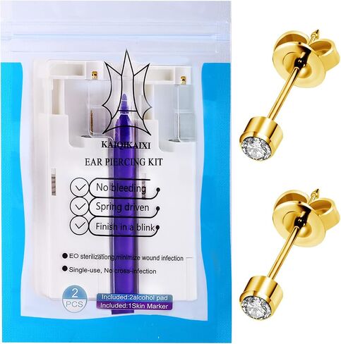 KAIQIKAIXI 2Pcs Ear Piercing Kit Automatic And Painless Ear Nail Gun Disposable Aseptic Household Ear Piercing Gun Portable Ear Piercing Gun Group Ear Piercing Tools (3mm, Golden) in Kuwait