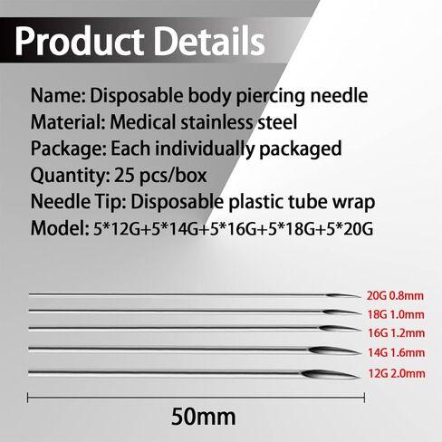 25 قطعة من إبر الثقب المختلطة، 12 جرام 14 جرام 16 جرام 18 جرام 20 جرام 5 قطع من كل إبرة ثقب الجسم المعقمة المصنوعة من الفولاذ المقاوم للصدأ للاستعمال مرة واحدة للأنف والشفاه والحاجز والأذن وثقب الحاجب in Kuwait