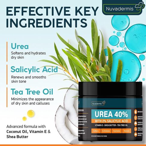 NUVADERMIS Urea Cream 40 Percent for Feet - 40% Urea Foot Repair Lotion - Maximum Strength For Dry Cracked Heels - 2% Salicylic Acid, Shea Butter, Tea Tree Oil, Vitamin E - 5.29 oz Jar in Saudi Arabia