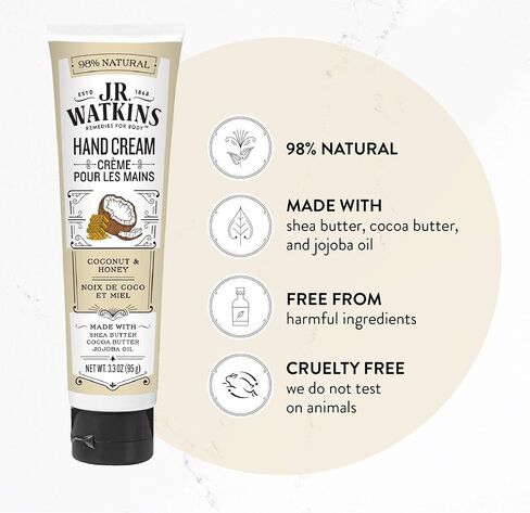 J.R. Watkins Natural Moisturizing Hand Cream, Coconut, Hydrating Hand Moisturizer with Shea Butter, Cocoa Butter, and Avocado Oil, USA Made and Cruelty Free, 3.3oz in Saudi Arabia