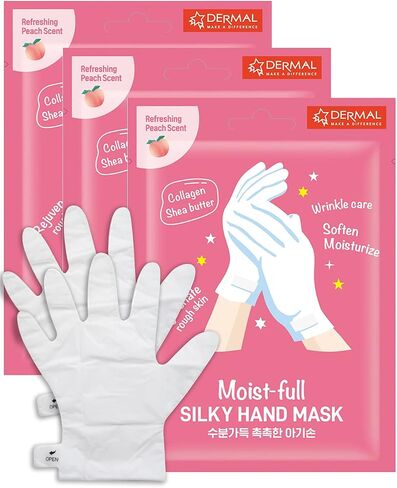 DERMAL Moistfull Silky Hand Mask Gloves 3 Pairs for Dry Hands - Intensive Repairing with Collagen and Shea Butter - Nourishing & Moisturizing Renew Hand Mask - Refreshing Peach Scent in Kuwait