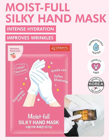 DERMAL Moistfull Silky Hand Mask Gloves 3 Pairs for Dry Hands - Intensive Repairing with Collagen and Shea Butter - Nourishing & Moisturizing Renew Hand Mask - Refreshing Peach Scent in Kuwait