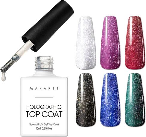 Makartt Glitter Top Coat Gel Nail Polish, No Wipe Nail Gel Top Coat Nail Polish, High Gloss Gel Coat for Acrylic Nails Soak Off Holographic Gel Top Shiny Finish Long Lasting for Nail Salon & Home DIY in Saudi Arabia