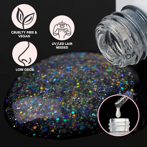 Makartt Glitter Top Coat Gel Nail Polish, No Wipe Nail Gel Top Coat Nail Polish, High Gloss Gel Coat for Acrylic Nails Soak Off Holographic Gel Top Shiny Finish Long Lasting for Nail Salon & Home DIY in Saudi Arabia