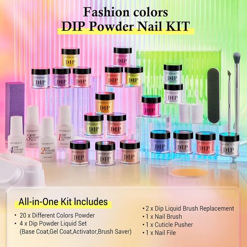 AZUREBEAUTY 31 Pcs Dip Powder Nail Kit Starter, Spring Summer 20 Colors Neon Hot Pink Magenta Lemon Green Dipping Powder Liquid Set with Base Activator and Top Coat French Nail Manicure Gift for Women in Kuwait
