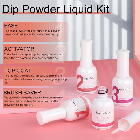 Saviland Dip Powder Liquid Set 15ml/0.5oz - 8Pcs Dip Powder Base Activator and Top Coat, Brush Saver for Dip Powder Nail Kit Dip System Dip Manicure Home DIY Salon Use No Lamp Needed Nail Repair in Kuwait