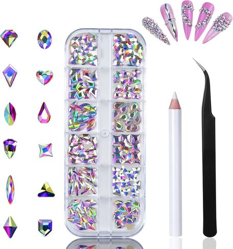 Rhinestones Gems Charms Diamonds Stones for Nail Art-Shaped Flatback AB/Clear Rhinestone Nail Crystals Accessories-Small Tiny Round Face Jewels Eye Gems-Crafts Decoration Kit with Wax Pencil Tweezers in Kuwait