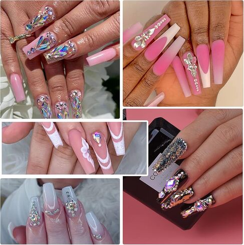 Rhinestones Gems Charms Diamonds Stones for Nail Art-Shaped Flatback AB/Clear Rhinestone Nail Crystals Accessories-Small Tiny Round Face Jewels Eye Gems-Crafts Decoration Kit with Wax Pencil Tweezers in Kuwait