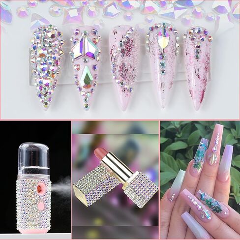 Rhinestones Gems Charms Diamonds Stones for Nail Art-Shaped Flatback AB/Clear Rhinestone Nail Crystals Accessories-Small Tiny Round Face Jewels Eye Gems-Crafts Decoration Kit with Wax Pencil Tweezers in Kuwait