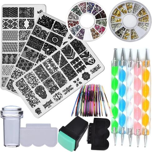 Nail Art Stamping Plate Kit Flower Geometric Image Stamping Template Stamper Scraper Rhinestones Decorations Mandala Dotting Pen Nails Striping Tape Manicure DIY in Kuwait
