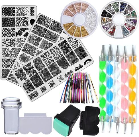 Nail Art Stamping Plate Kit Flower Geometric Image Stamping Template Stamper Scraper Rhinestones Decorations Mandala Dotting Pen Nails Striping Tape Manicure DIY in Kuwait