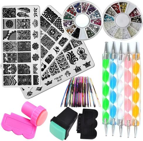 Nail Art Stamping Plate Kit Flower Geometric Image Stamping Template Stamper Scraper Rhinestones Decorations Mandala Dotting Pen Nails Striping Tape Manicure DIY in Kuwait