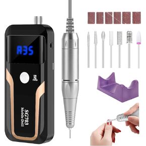 Portable Nail Drill Professional 35000 RPM, Rechargeable Electric Nail File Machine E File for Acrylic Nails Gel Polishing Removing, Cordless Efile with Bits Kit for Manicure Salon Home, Black