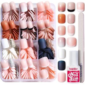 Teenitor Short Press on Nails, 312pcs French Nail Manicure Kit, False Nails with Design, French Tip Nails Extra Short Square Nails Press ons