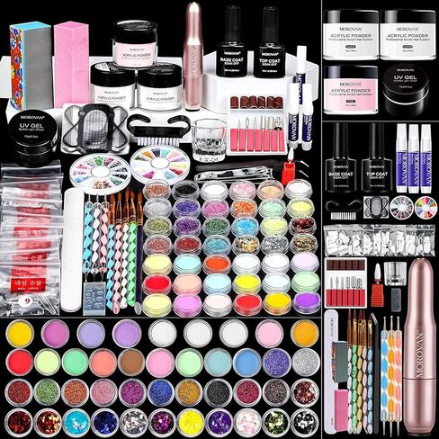 Morovan Acrylic Nail Kit with Drill - Nails Kit Acrylic Set for Beginners With Everything Glitter Acrylic Powder Set for Nails Supplies Acrylic Brushes Nail Tips Art Decoration Tools DIY Salon at Home in Saudi Arabia