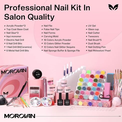 Morovan Acrylic Nail Kit with Drill - Nails Kit Acrylic Set for Beginners With Everything Glitter Acrylic Powder Set for Nails Supplies Acrylic Brushes Nail Tips Art Decoration Tools DIY Salon at Home in Saudi Arabia