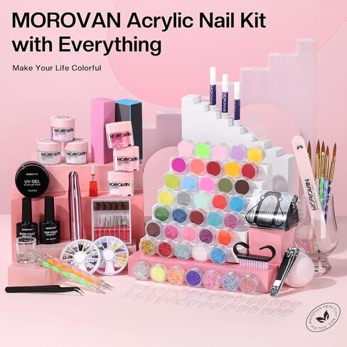 Morovan Acrylic Nail Kit with Drill - Nails Kit Acrylic Set for Beginners With Everything Glitter Acrylic Powder Set for Nails Supplies Acrylic Brushes Nail Tips Art Decoration Tools DIY Salon at Home in Saudi Arabia