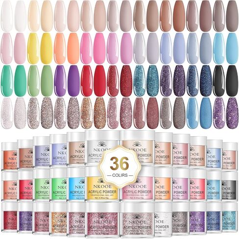 NKOOE 36 Colors Acrylic Nail Powder Set (10g/0.35oz Jars), Quick-Dry, Odorless, Non-Toxic, Easy-to-Blend, Ideal for DIY Nail Art & Salon Professionals - Perfect Gift for Nail Enthusiasts in Saudi Arabia