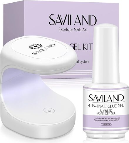غراء أظافر جل من سافيلاند مع مجموعة مصابيح أظافر صغيرة، جل غراء أظافر 4 في 1 على شكل حرف U 15 مل لأطراف الأظافر وضوء U V محمول بقدرة 16 وات من أجل وصلات أظافر هلامية سهلة وسريعة المعالجة in Kuwait
