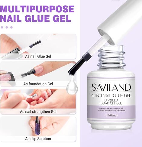 غراء أظافر جل من سافيلاند مع مجموعة مصابيح أظافر صغيرة، جل غراء أظافر 4 في 1 على شكل حرف U 15 مل لأطراف الأظافر وضوء U V محمول بقدرة 16 وات من أجل وصلات أظافر هلامية سهلة وسريعة المعالجة in Kuwait