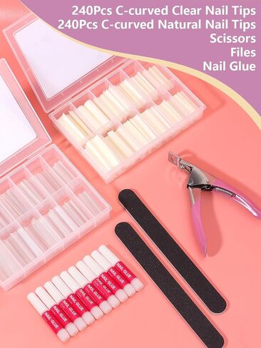 Clear Long Coffin Nail Tips - Fake Nails with Glue Acrylic Nail Kit, 120PCS Full Cover Gel Coffin Nails Tips with 18g Nail Glue Gel Files Nail Stick Cuticle Pusher Pink Blue for Nail Extension in Saudi Arabia