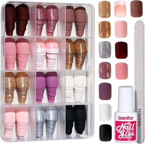 Teenitor Short Press on Nails, 312pcs French Nail Manicure Kit, False Nails with Design, French Tip Nails Extra Short Square Nails Press ons in Saudi Arabia