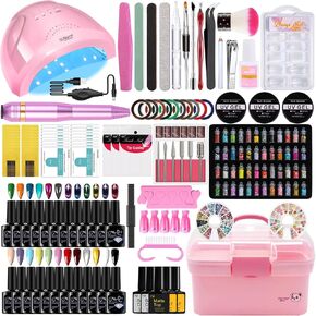 Complete Nail Studio Set with 48W UV LED Lamp, 24 Rainbow Colors, Cat Eye Gel Polish Kit, Nail Drill & More, Storage Box for Home Manicures in Saudi Arabia