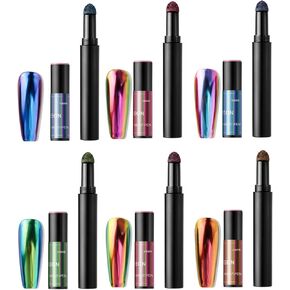 6 Pcs Chrome Nail Powder Pen Air Cushion Pen Glitter Holographic Chrome Nail Powder Pen Nail Art Pens Mirror Effect Glitter for Nail Art Design Decoration Nails DIY Nail Art Manicure Tool