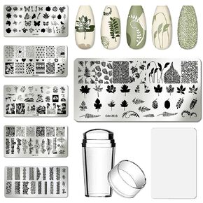 AddFavor Nail Stamper Kit 6pcs Nail Stamping Plate Flower Butterfly Fish Shell Leaves Geometry Image Template Stamper Plate with Clear Silicone Nail Stamper and Scraper Manicure Stencils Tools in Saudi Arabia