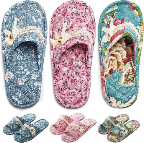 3 Pairs Floral Cotton House Slippers for Women, Open Toe Indoor Slippers Comfortable Washable Portable Foldable Guest Travel Hotel Airplane Spa Slippers in Kuwait