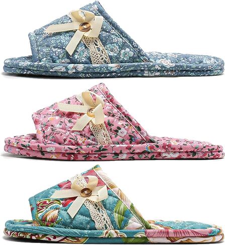 3 Pairs Floral Cotton House Slippers for Women, Open Toe Indoor Slippers Comfortable Washable Portable Foldable Guest Travel Hotel Airplane Spa Slippers in Kuwait
