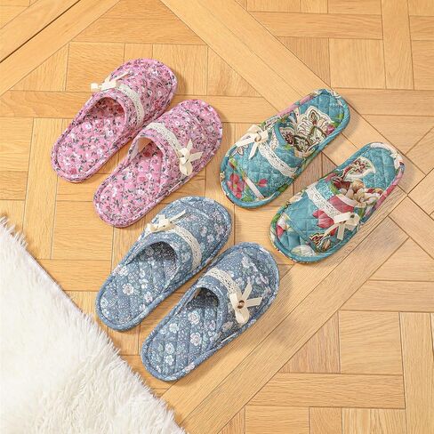 3 Pairs Floral Cotton House Slippers for Women, Open Toe Indoor Slippers Comfortable Washable Portable Foldable Guest Travel Hotel Airplane Spa Slippers in Kuwait