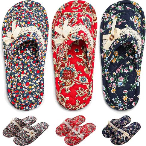 3 Pairs Floral Cotton House Slippers for Women, Open Toe Indoor Slippers Comfortable Washable Portable Foldable Guest Travel Hotel Airplane Spa Slippers in Kuwait