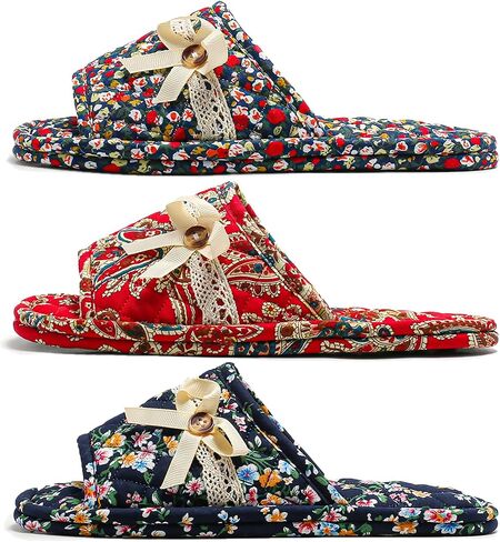 3 Pairs Floral Cotton House Slippers for Women, Open Toe Indoor Slippers Comfortable Washable Portable Foldable Guest Travel Hotel Airplane Spa Slippers in Kuwait